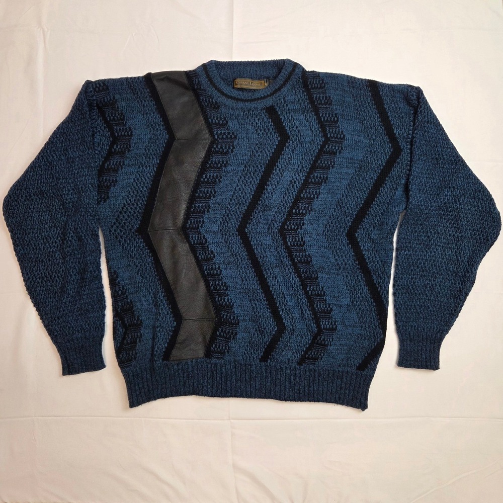 Giani Leone Sweater Mens XL Blue Chevron Knit Leather Patch Vintage